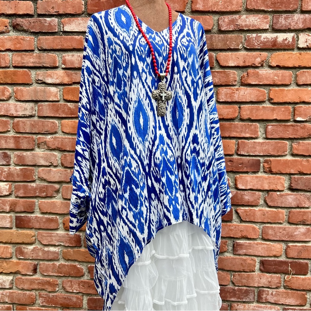 Easy Breezy Boho Blue and White Oversized High Low Tunic Top
